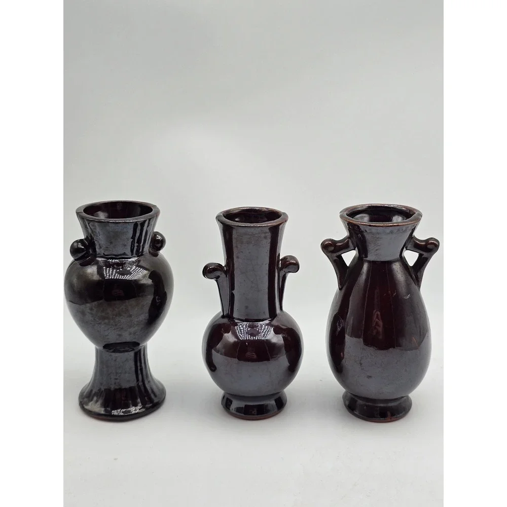 Vintage MCM Japan Miniature Bud Vase Set of 3 Dark Brown Floral Pottery 4